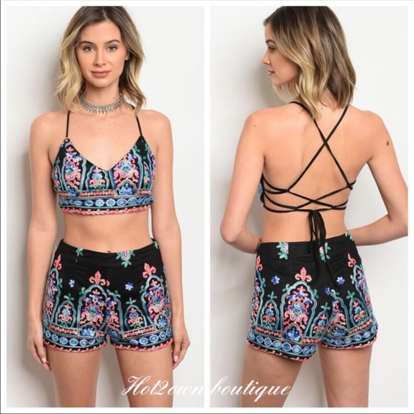 Other - 2-piece Embroidered Crop Top and Short Set